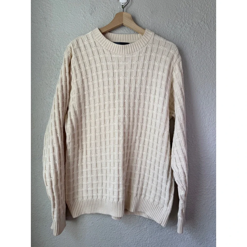 Oscar de la Renta Mens Cream Cotton Textured Basketweave Crewneck Sweater Medium